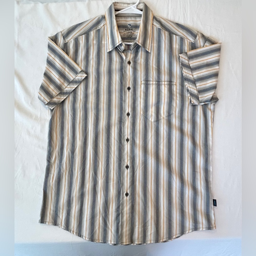 Kuhl Suncel Men’s Striped Button Up Short Sleeve Cotton Blend Shirt Sz L. EUC!
